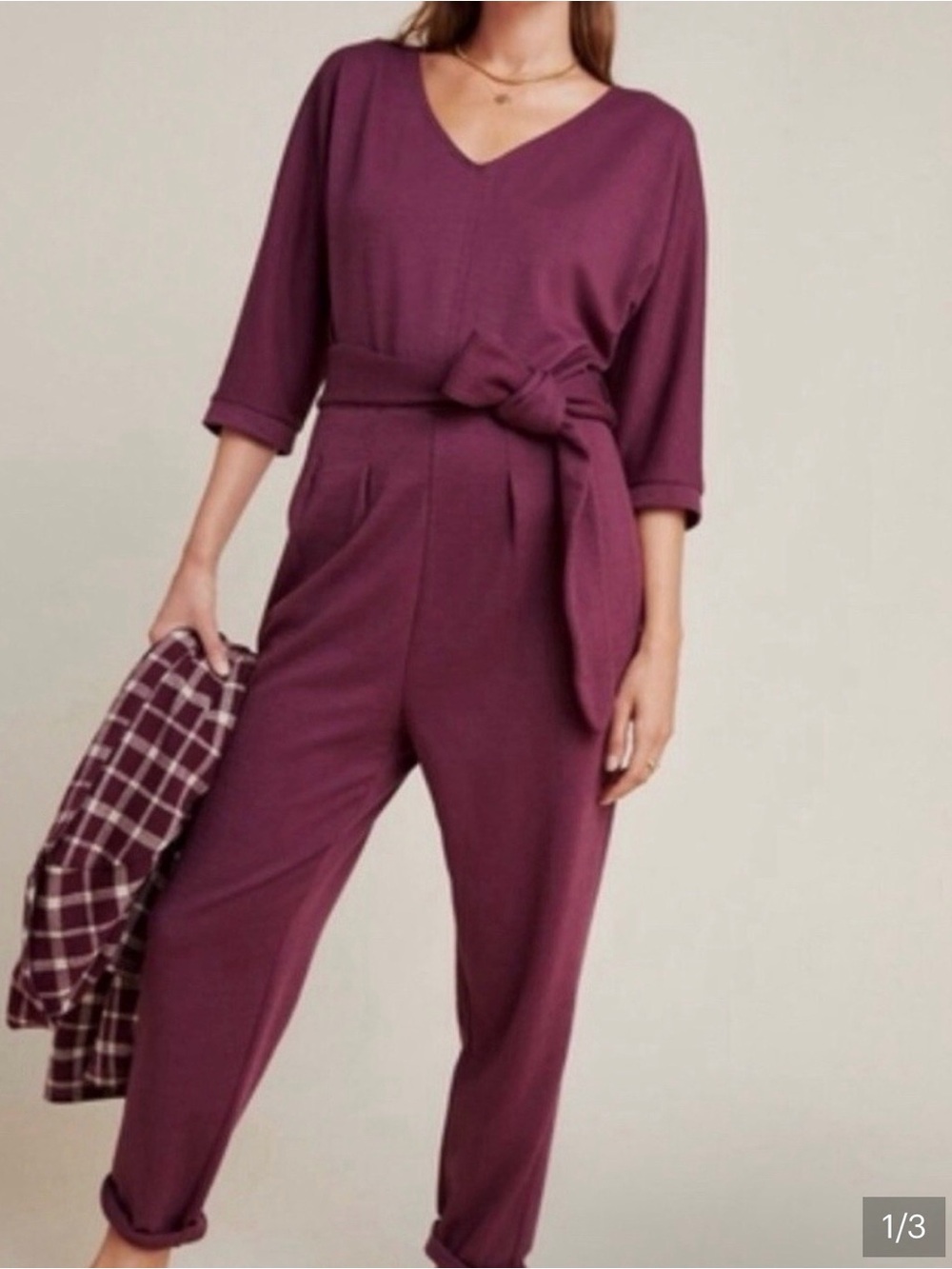 Anthropologie Deep Plum Long-Sleeve Jumpsuit with Tie Waist